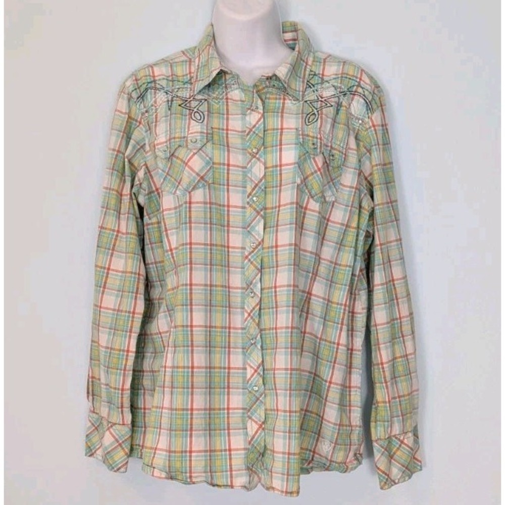 Ariat Western Shirt Women's XL Embroidery Bling Pastel Plaid Fancy Snaps